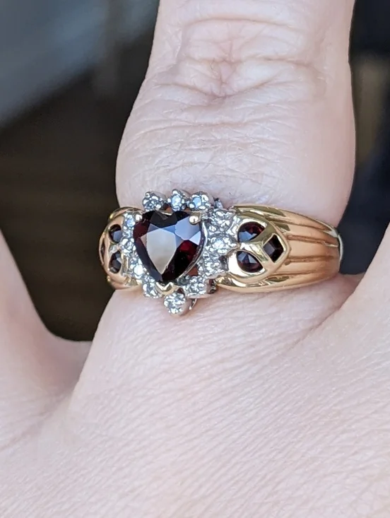 Antique 10K Gold Heart Cut Garnet Ring with Diamond Halo - Picture 6 of 14